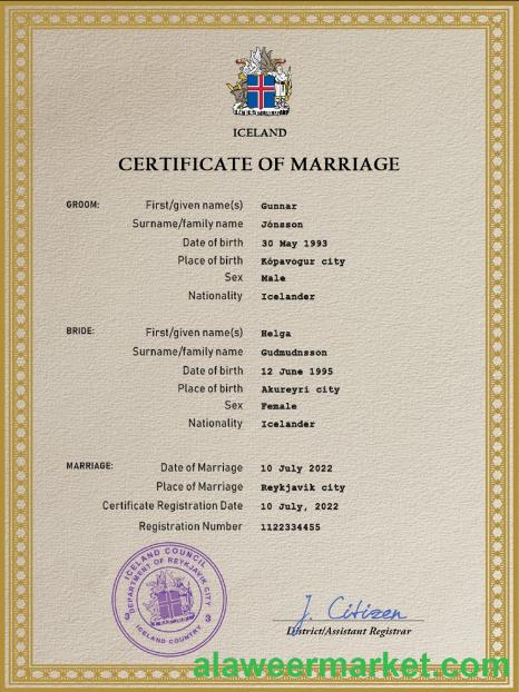 Iceland marriage certificate PSD template